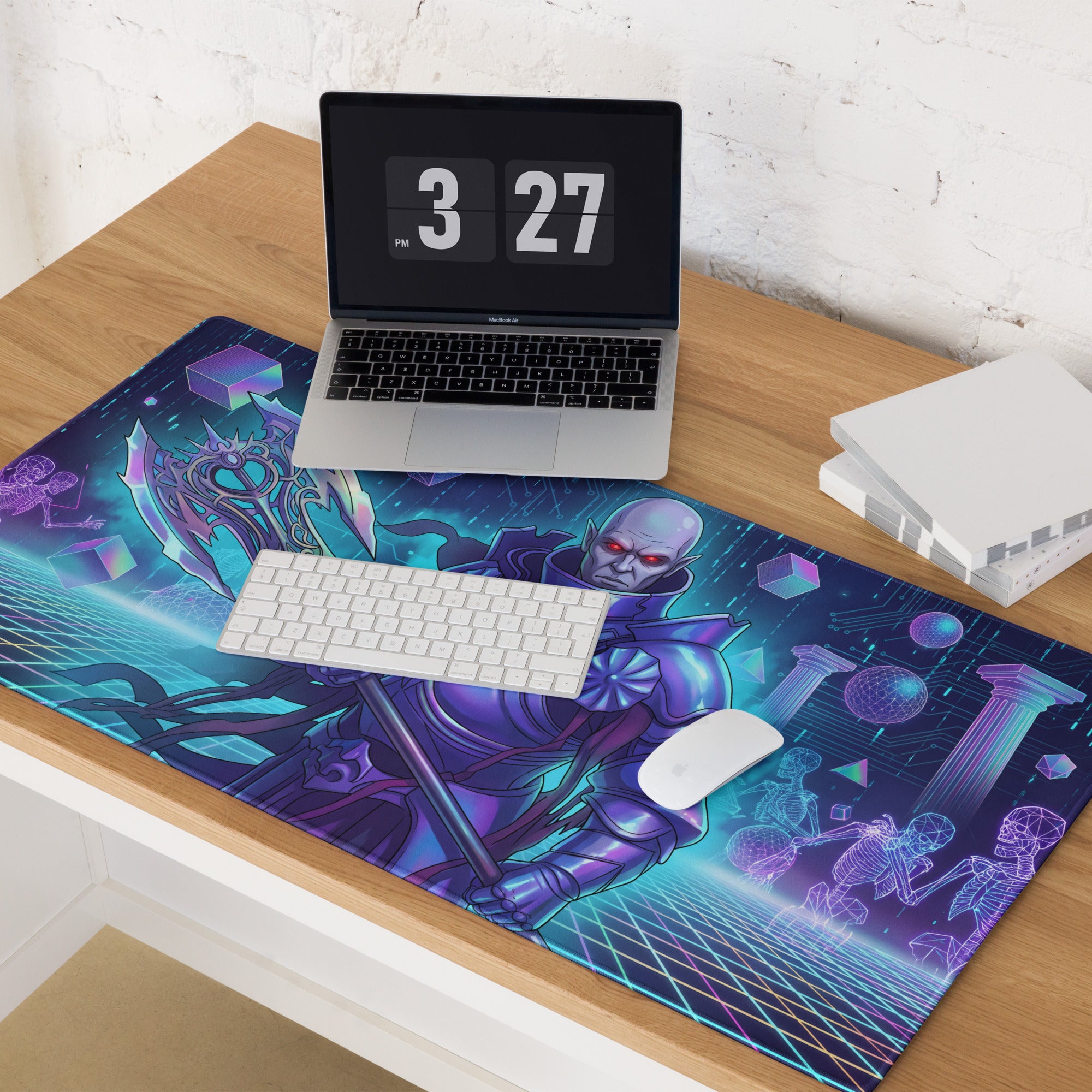 Vibrant purple and teal vaporwave neon warrior mouse pad with armored fantasy warrior illustration for gaming desk setup