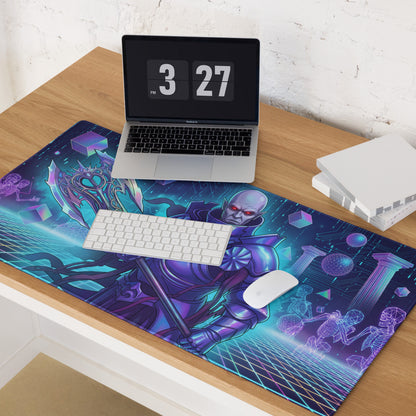 Vibrant purple and teal vaporwave neon warrior mouse pad with armored fantasy warrior illustration for gaming desk setup