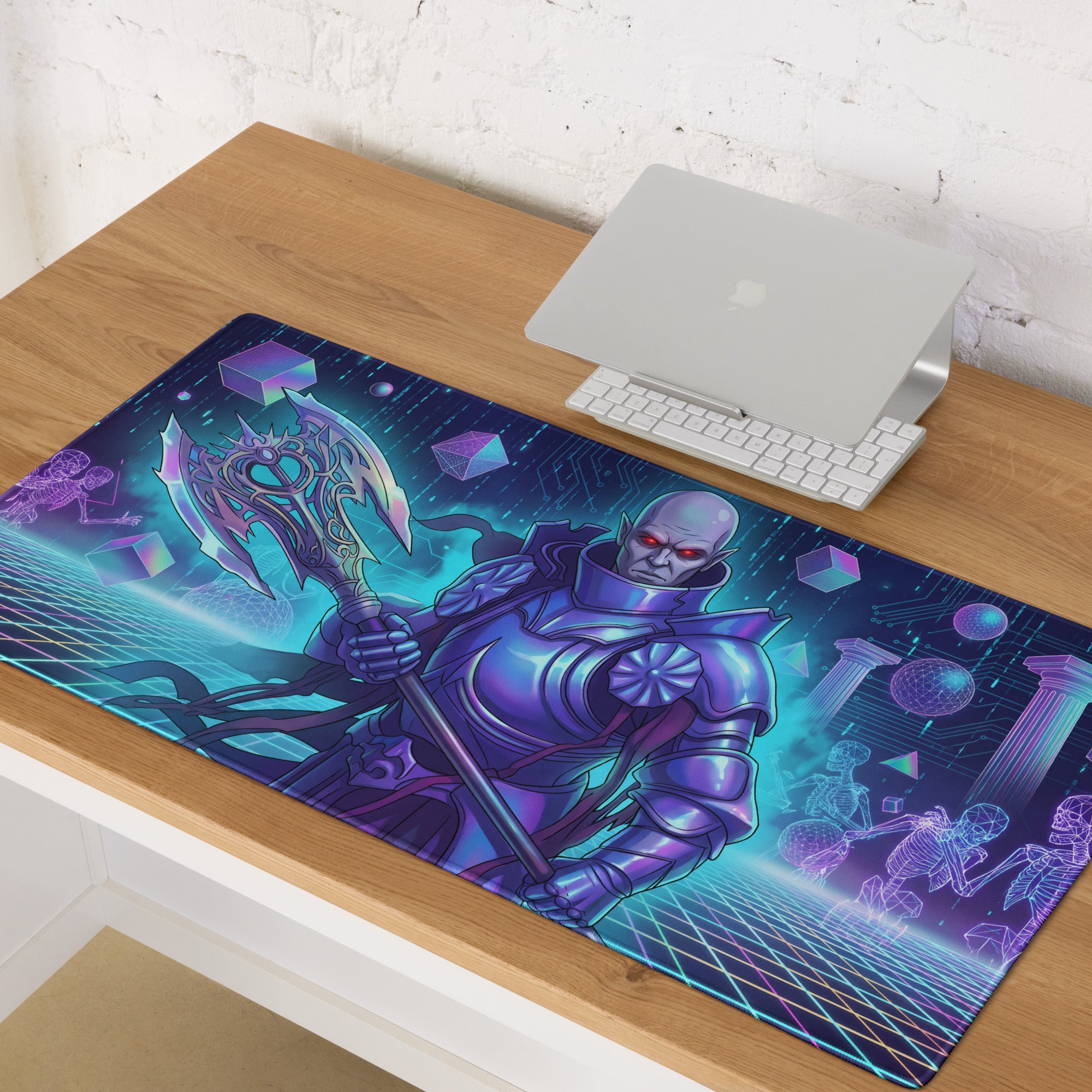 Vibrant purple and teal vaporwave neon warrior mouse pad with futuristic armored warrior design on a cyberpunk neon grid background