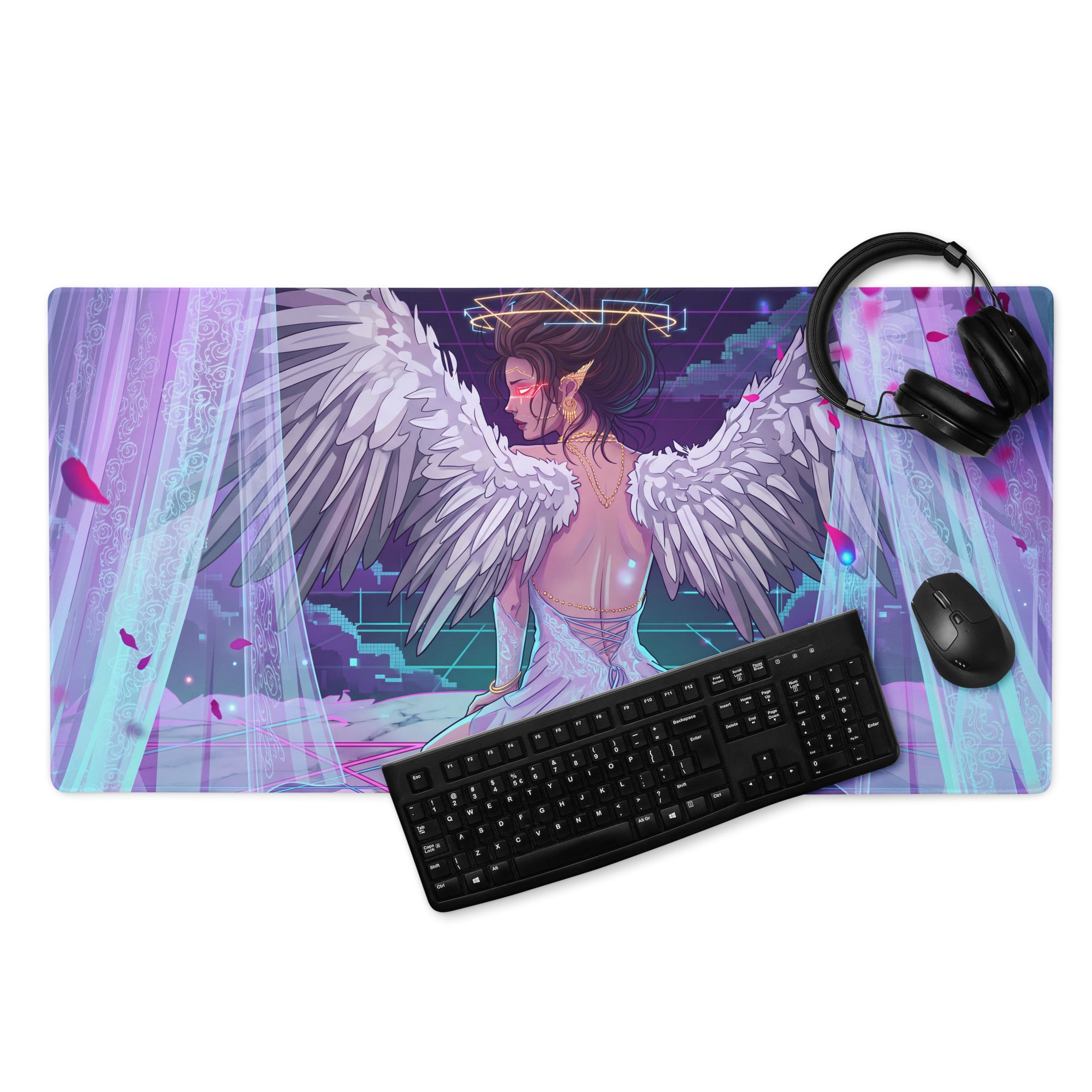 Vaporwave angel wing pink and blue gaming mousepad with vibrant neon angel design and soft purple hues