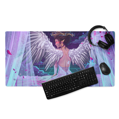 Vaporwave angel wing pink and blue gaming mousepad with vibrant neon angel design and soft purple hues