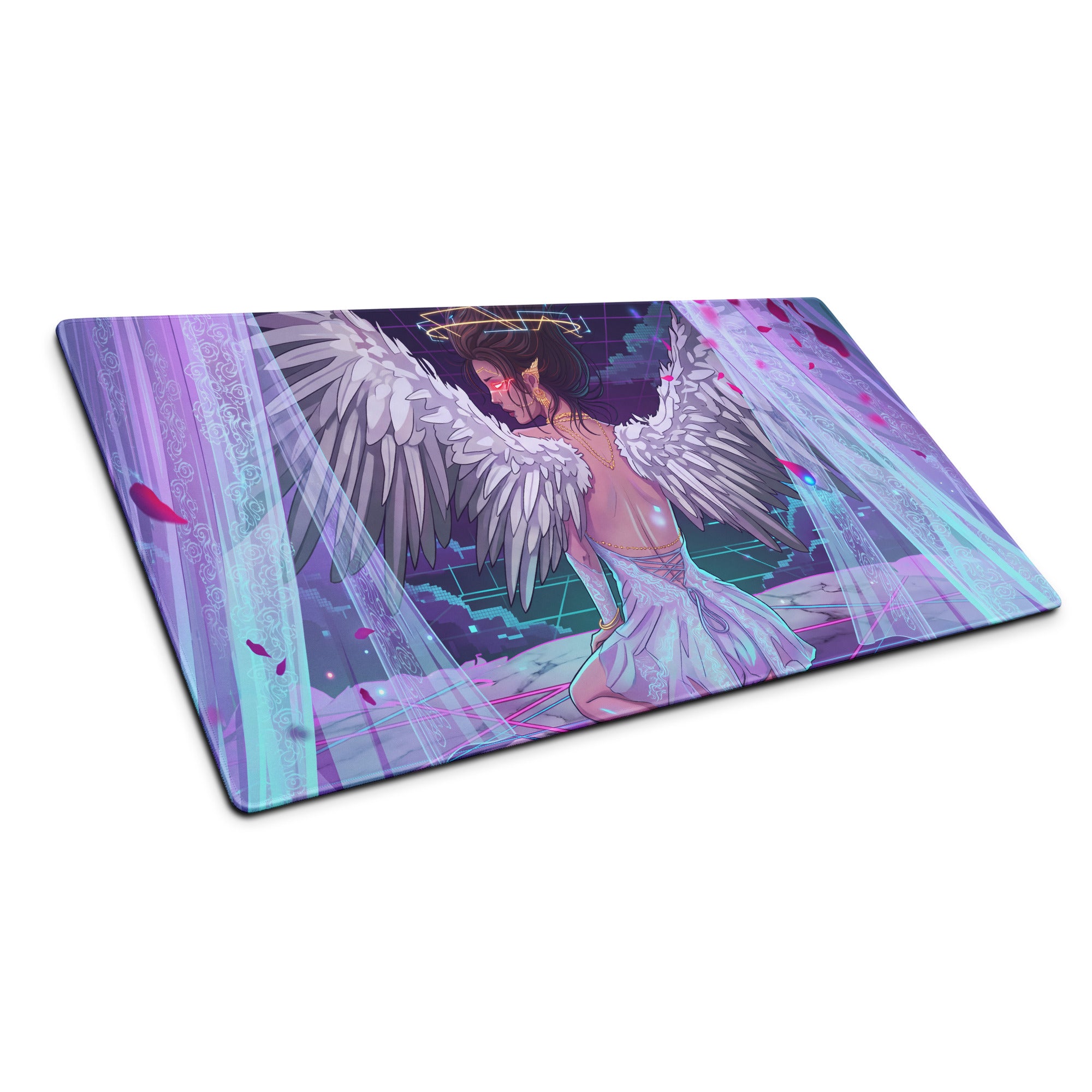 A rectangular gaming mousepad with a vaporwave neon pink and blue angel wing design on a cyberpunk purple teal background