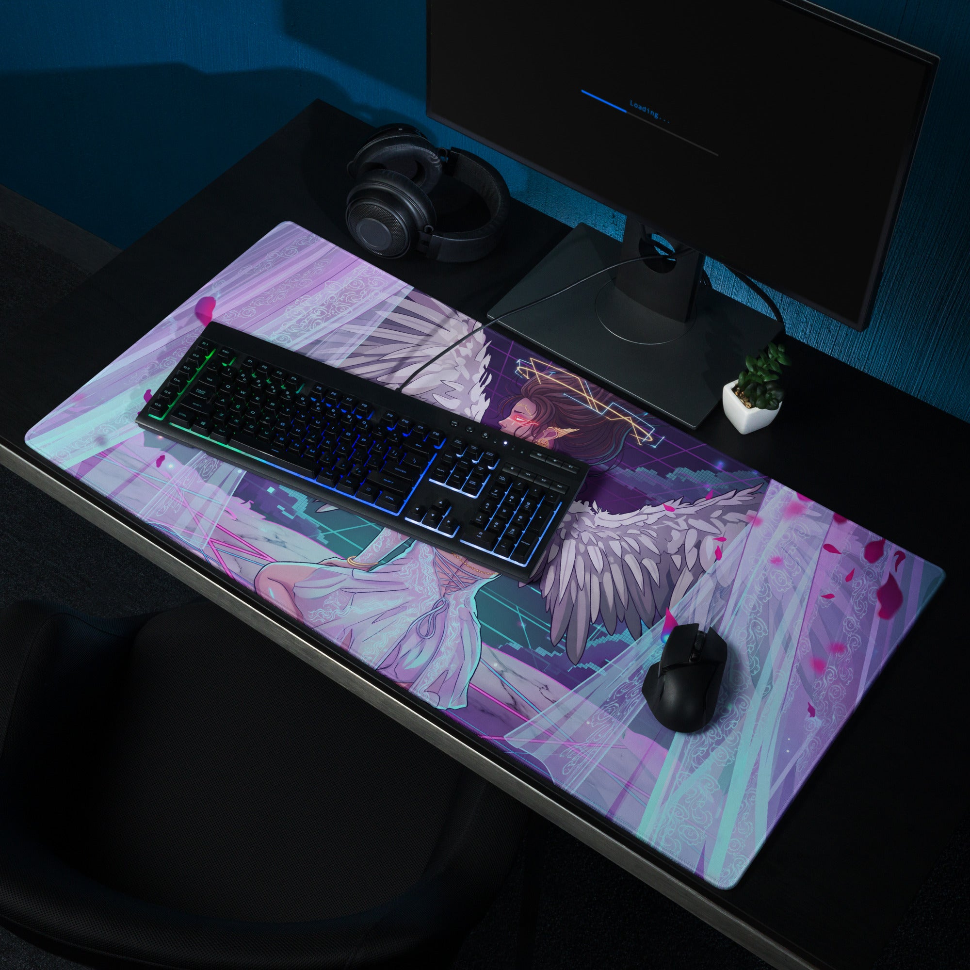 Vaporwave angel wing neon pink blue gaming mousepad with vibrant purple pink angelic wings illustration under keyboard