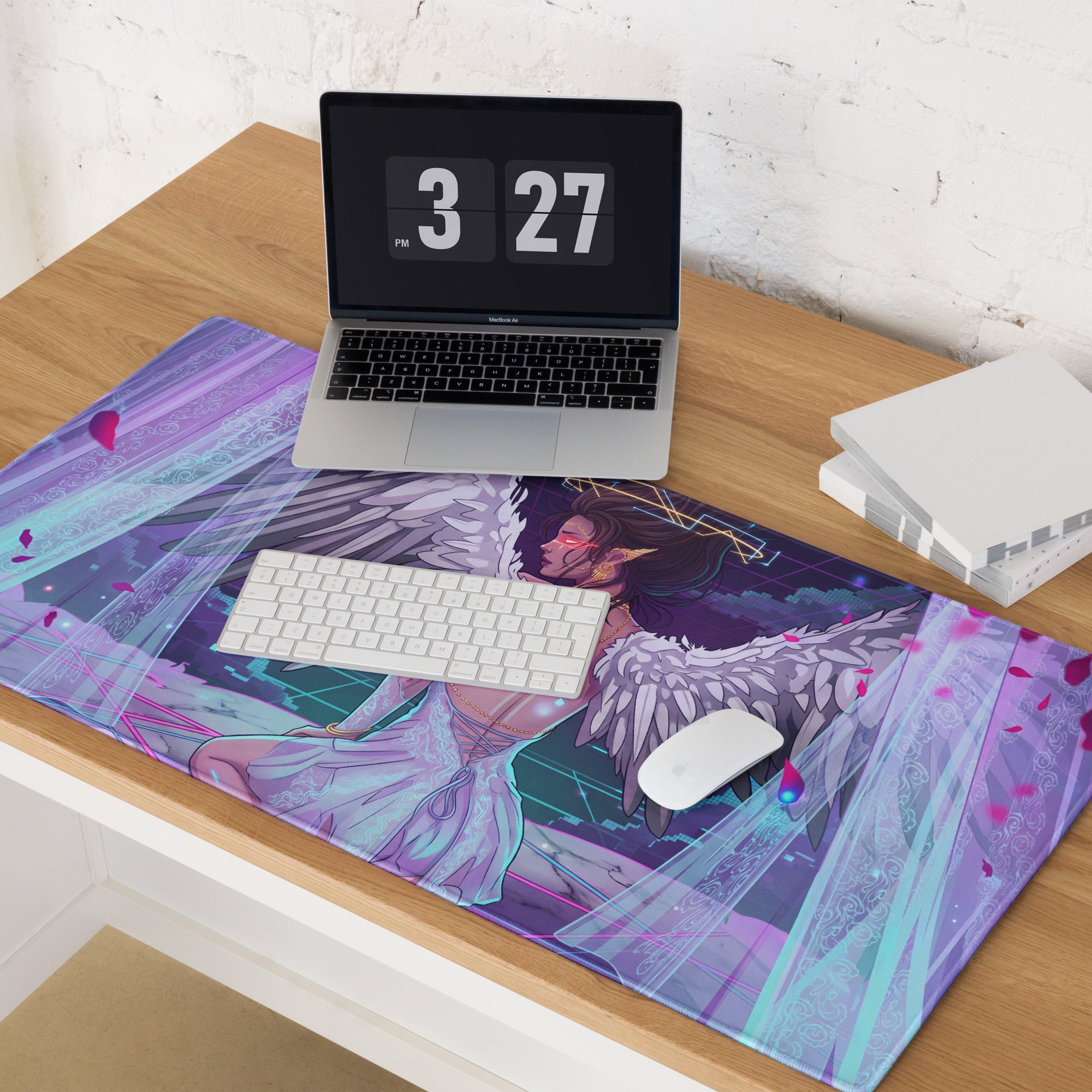 Purple and teal vaporwave angel wing gaming mousepad featuring an illustrated ethereal neon pink and blue angel