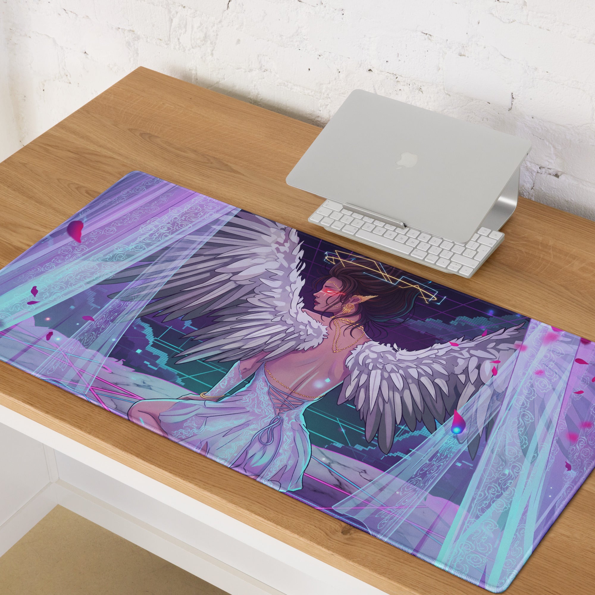 A rectangular vibrant purple and teal gaming mousepad with an angel illustration featuring white wings and glowing red eyes
