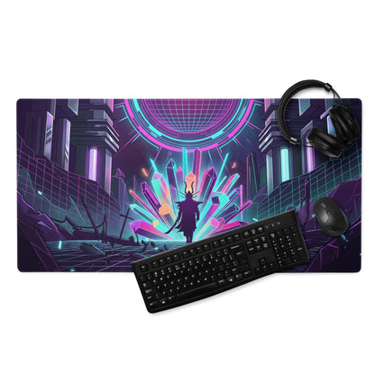 Neon vaporwave gaming mouse pad with vibrant purple pink cyan neon lights on narrow rectangular design for desks