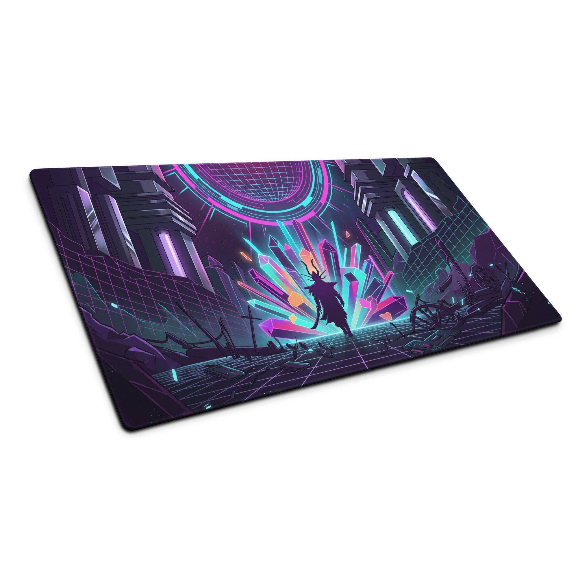 Neon vaporwave gaming mouse pad with nebula-themed neon purple and cyan crystals on dark futuristic architectural design