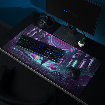 A vibrant purple and neon pink cyberpunk gaming mousepad with a glossy surface featuring futuristic glowing patterns