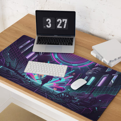 Neon vaporwave gaming mouse pad with vibrant purple and teal cyberpunk cityscape design for desktop use