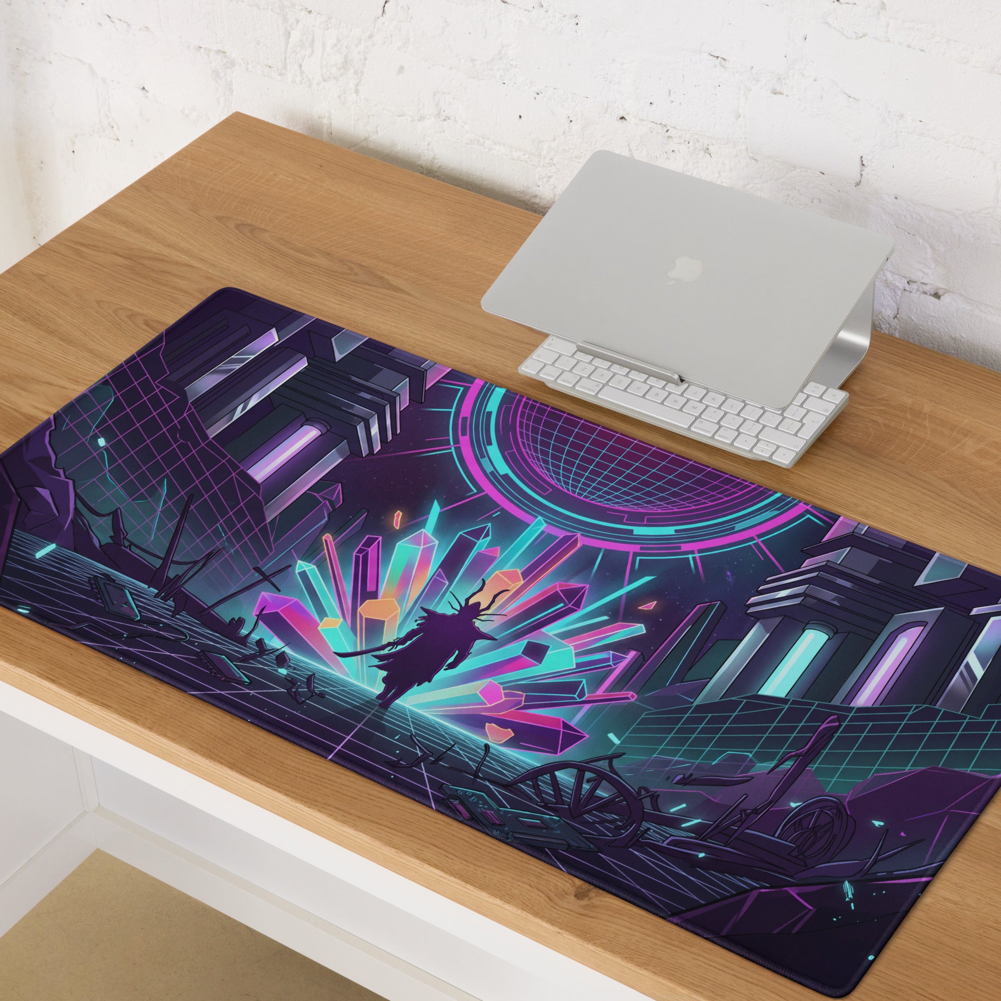 Narrow rectangular neon vaporwave gaming mouse pad with vibrant glowing crystals geometric cyberpunk design purple pink cyan