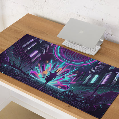 Narrow rectangular neon vaporwave gaming mouse pad with vibrant glowing crystals geometric cyberpunk design purple pink cyan