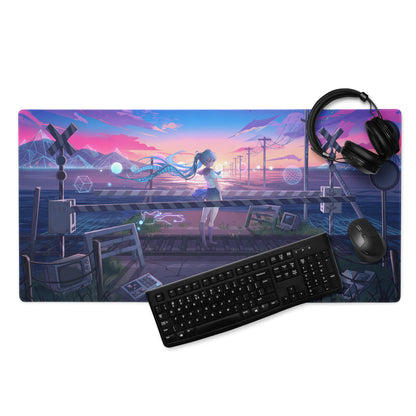 Rectangular neon vaporwave mouse pad with vibrant anime girl blue hair on railway crossing at sunset purple pink orange