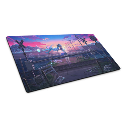 Rectangular gaming mousepad with vibrant anime blue hair character on train tracks under neon pink purple sunset