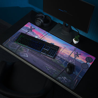 Neon vaporwave mouse pad featuring a vibrant anime-style sunset over an industrial landscape in pink and purple hues