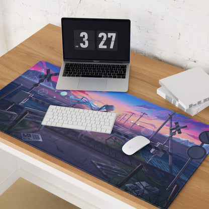 Neon vaporwave mouse pad with vibrant purple pink and blue futuristic cityscape design for gaming and decor use