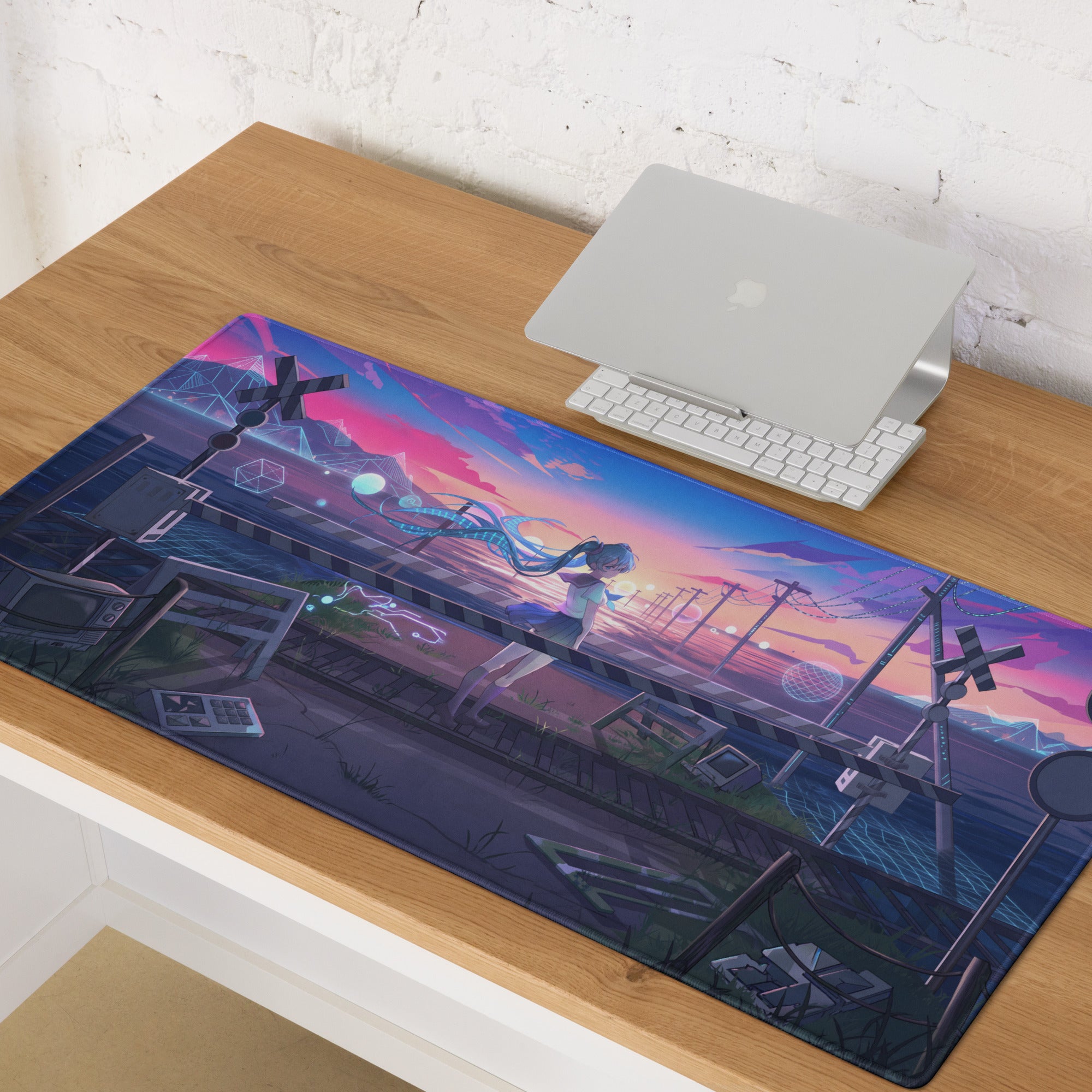 A vibrant neon vaporwave gaming mouse pad featuring a blue-haired anime character on train tracks at sunset