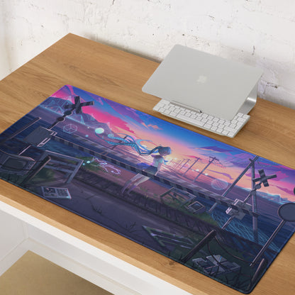 A vibrant neon vaporwave gaming mouse pad featuring a blue-haired anime character on train tracks at sunset