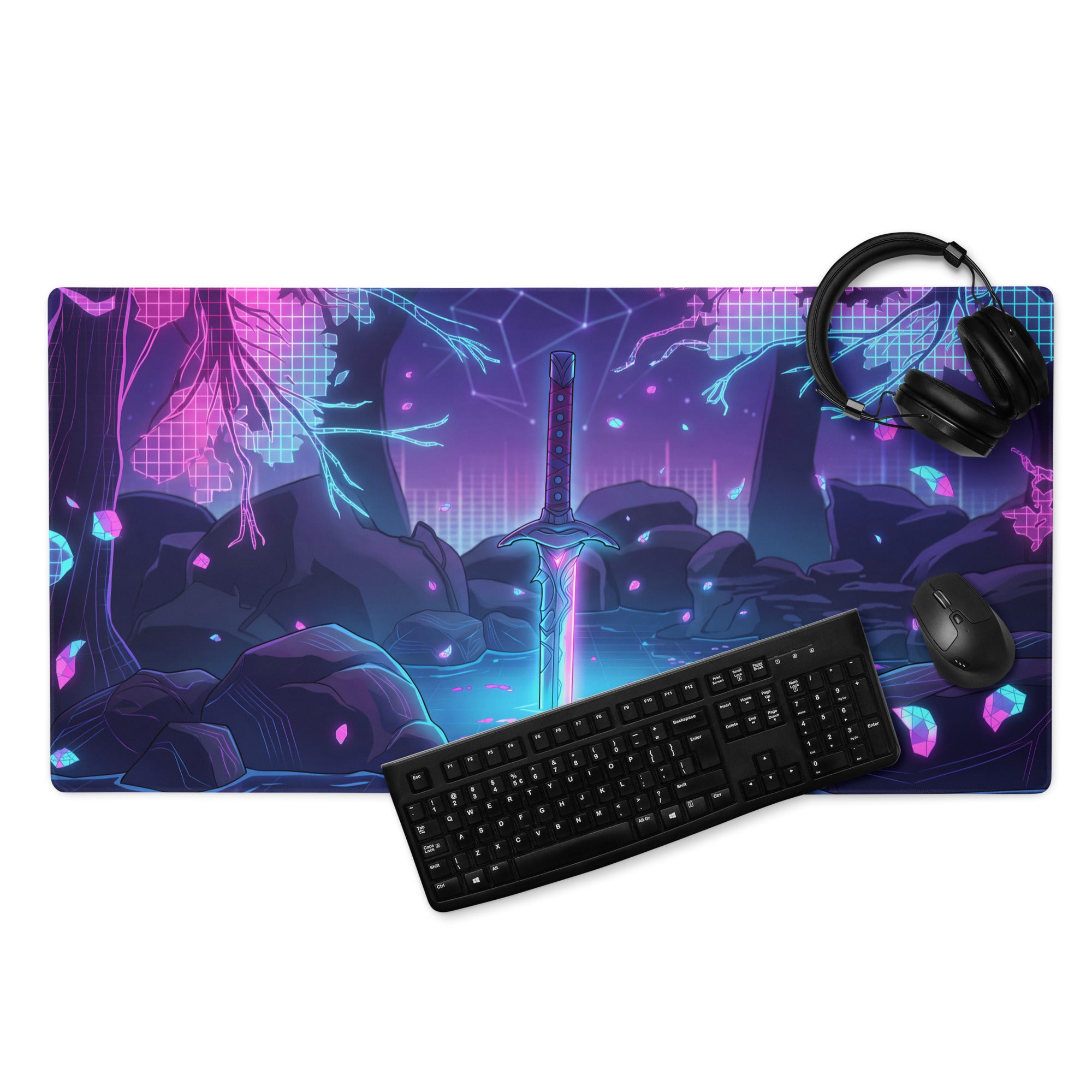 Neon katana vaporwave gaming mouse pad with neon purple and blue glowing sword design for cyberpunk desk decor