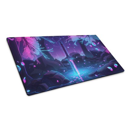 Neon katana vaporwave mouse pad with glowing purple and blue sword in a cyberpunk forest for gaming desks