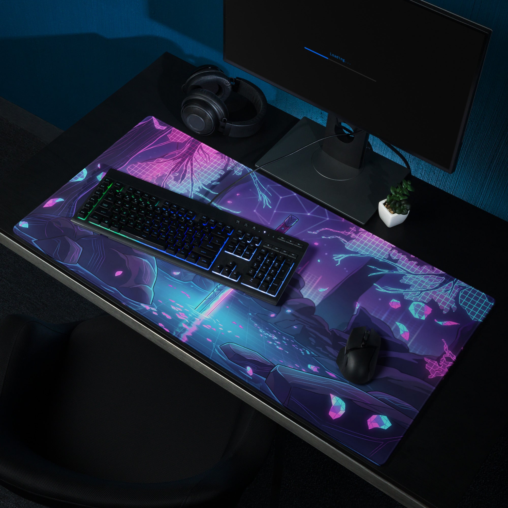 Neon katana vaporwave mouse pad with a vibrant purple pink and blue glossy finish and glowing neon cyberpunk artwork