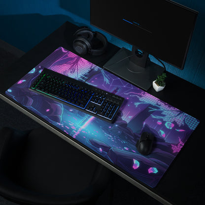 Neon katana vaporwave mouse pad with a vibrant purple pink and blue glossy finish and glowing neon cyberpunk artwork