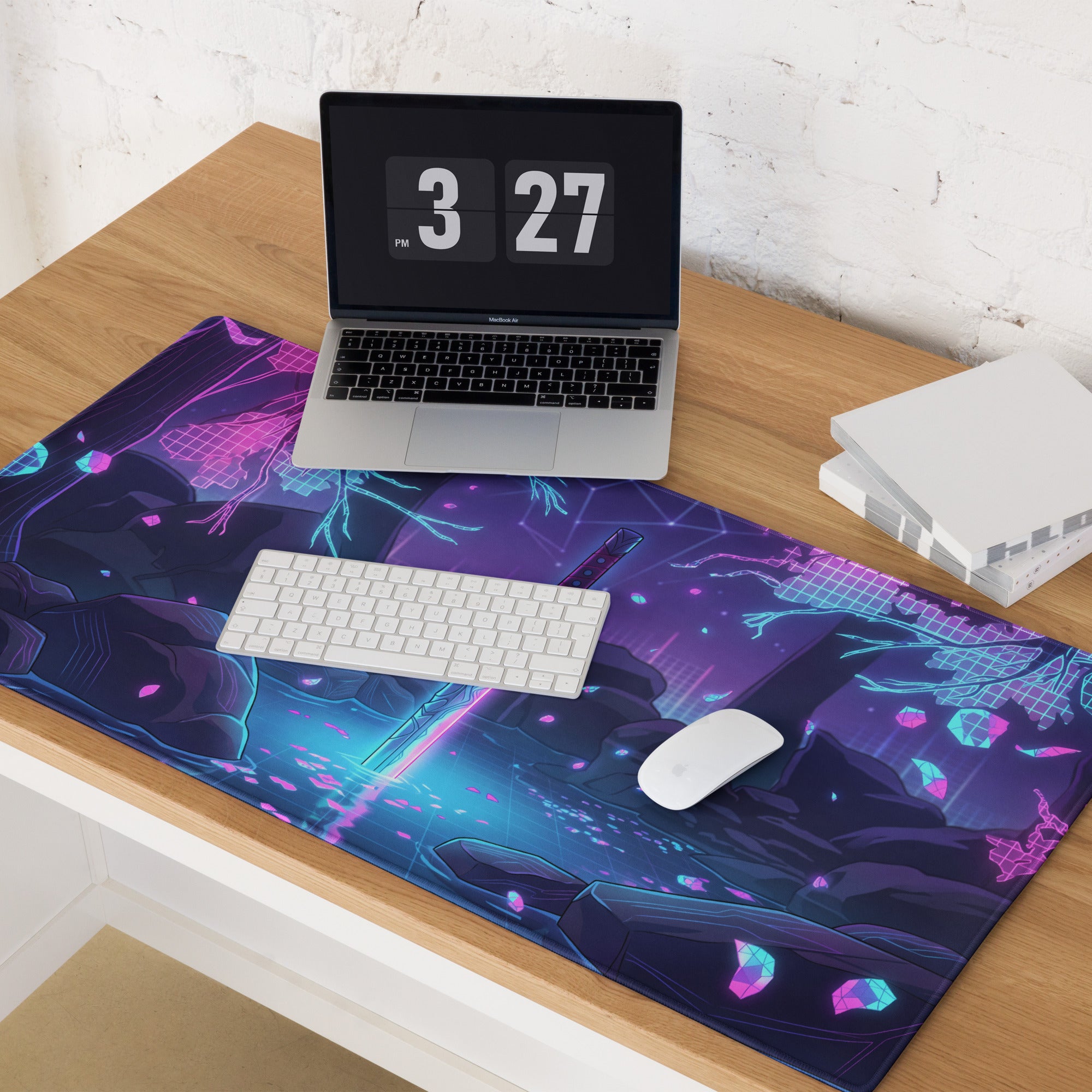 Navy blue and purple neon katana vaporwave mouse pad with glowing geometric cyberpunk patterns for gaming desks