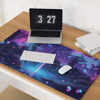 Navy blue and purple neon katana vaporwave mouse pad with glowing geometric cyberpunk patterns for gaming desks