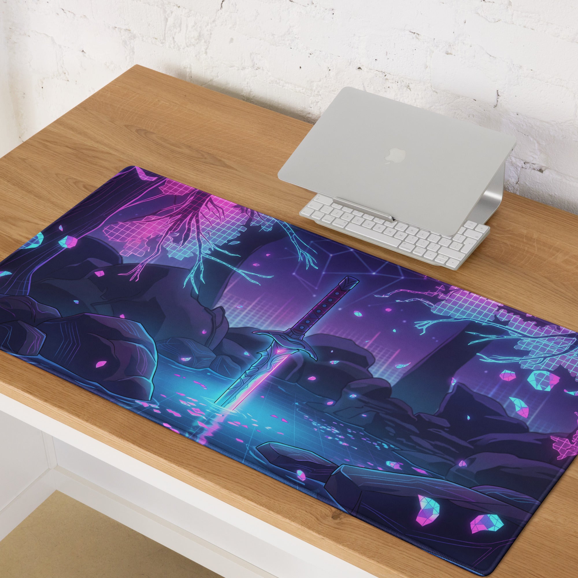 Narrow rectangular neon katana vaporwave mouse pad with glowing purple blue cyberpunk sword and geometric shapes design