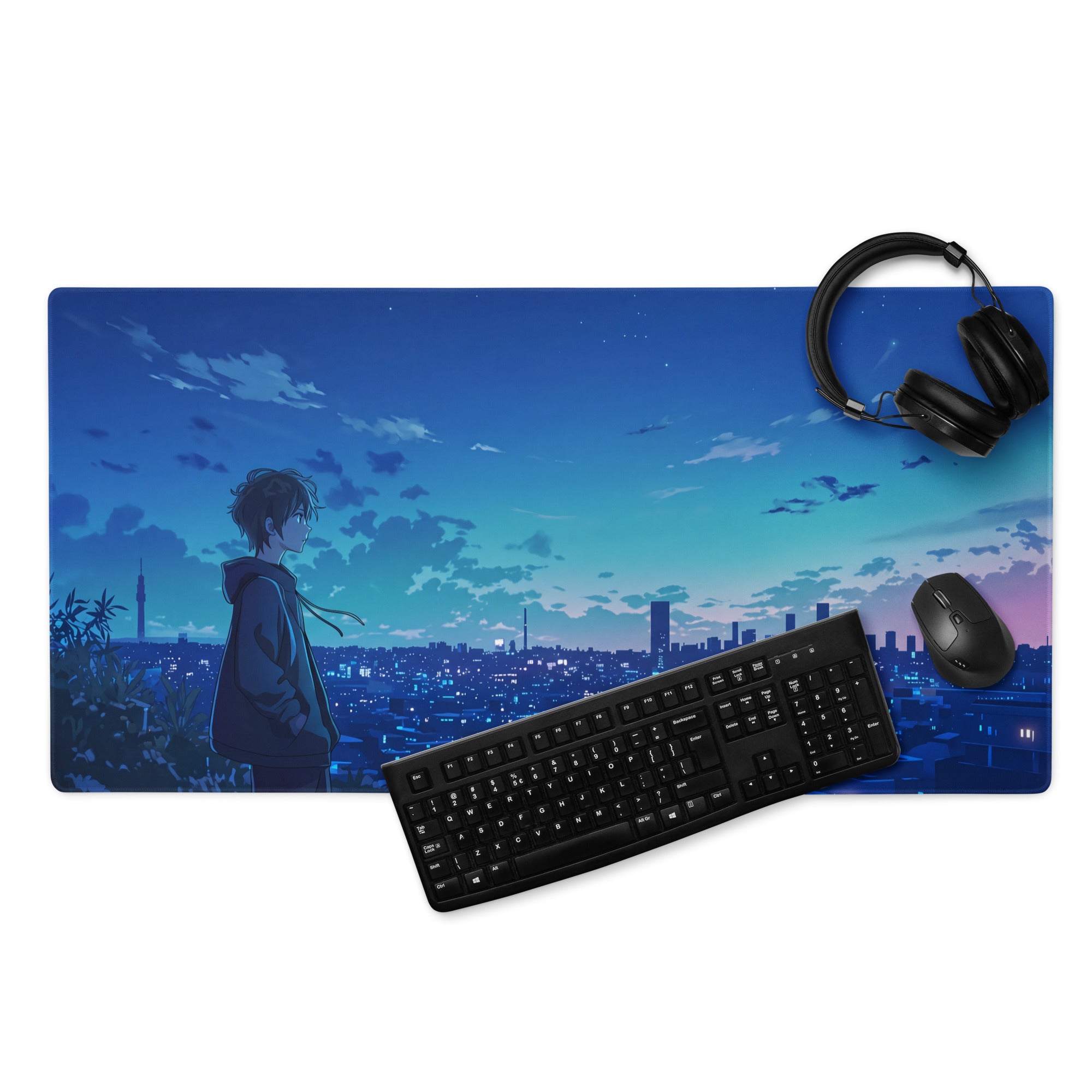 Blue anime-themed gaming mousepad with boy silhouette overlooking dusk cityscape for vaporwave retro gaming desk
