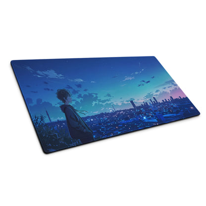 Blue and purple gradient anime-themed rectangular mousepad with silhouette overlooking cityscape at dusk for gaming desk