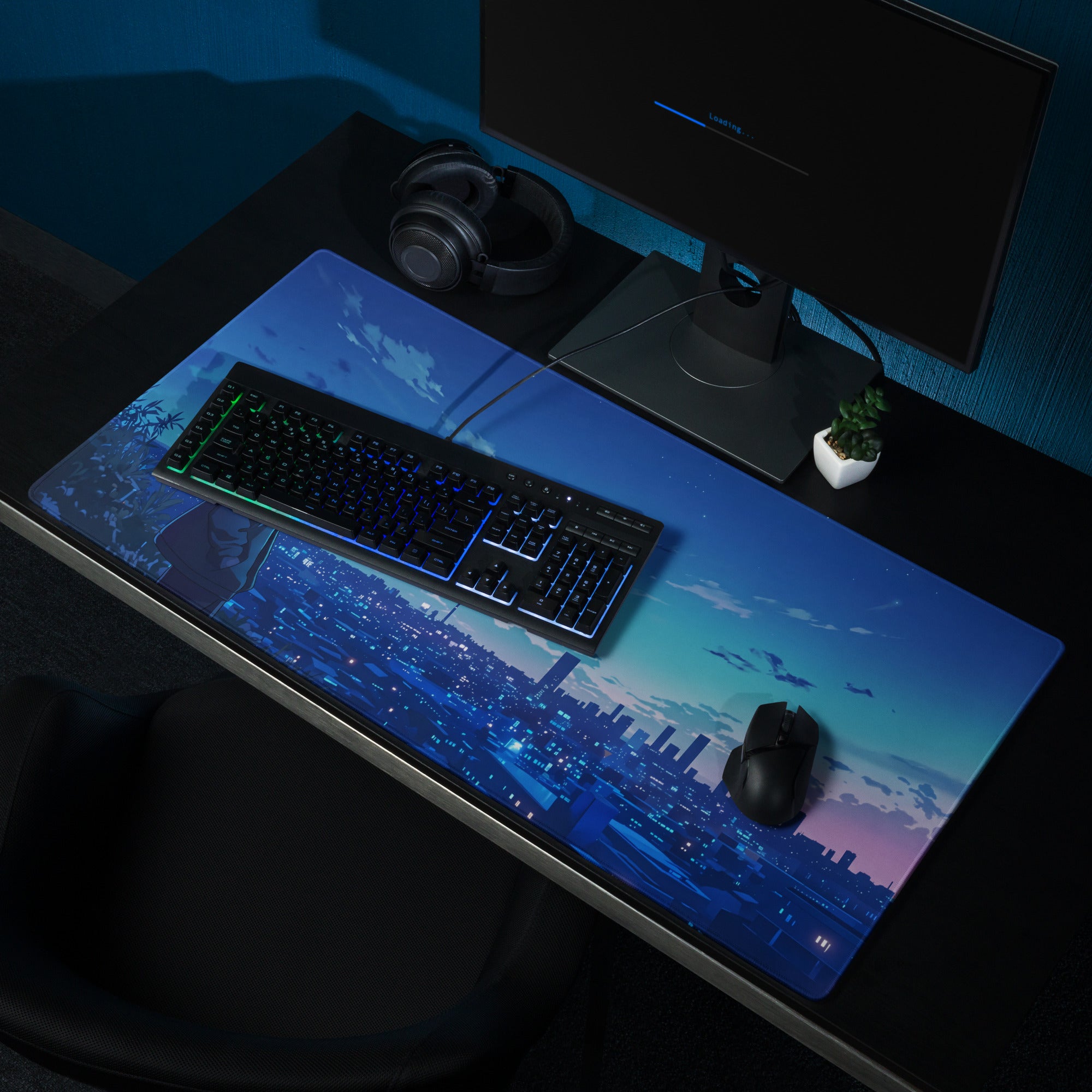 Neon night anime cityscape gaming mouse pad with blue purple vaporwave design and glowing keyboard on desk