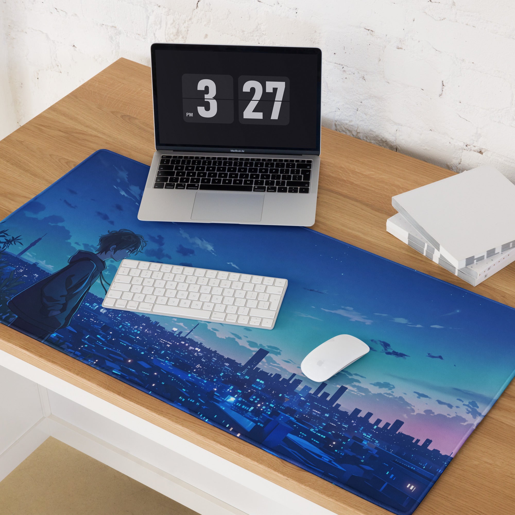 Blue anime-themed gaming mousepad featuring a cityscape at dusk with silhouetted figures and glowing lights