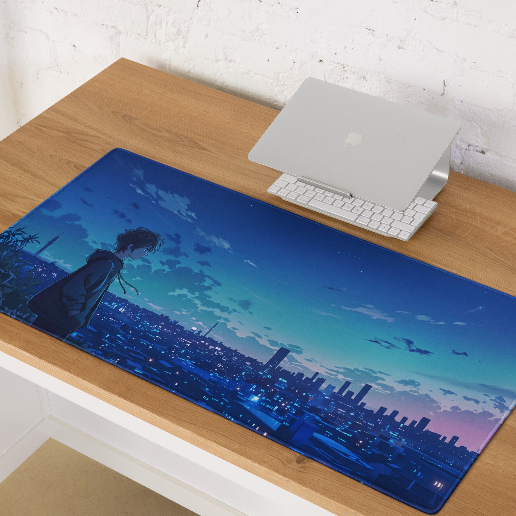 Blue anime-themed mouse pad featuring a silhouette character overlooking a dusk cityscape with vibrant gradient skies