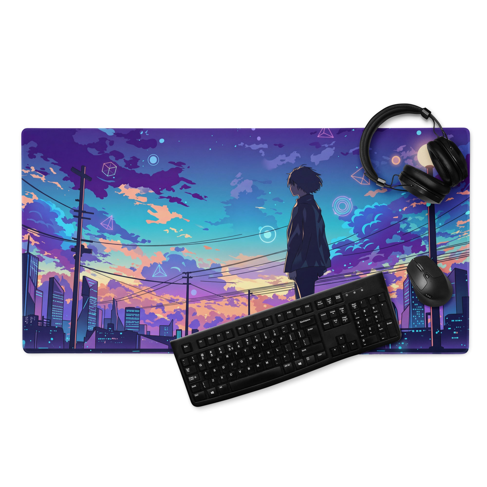Vaporwave cityscape gaming mouse pad with vibrant purple pink anime rooftop illustration for desk use