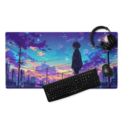 Vaporwave cityscape gaming mouse pad with vibrant purple pink anime rooftop illustration for desk use