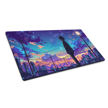Navy blue rectangular gaming mousepad with vibrant vaporwave cityscape and purple orange teal skies for desktop use