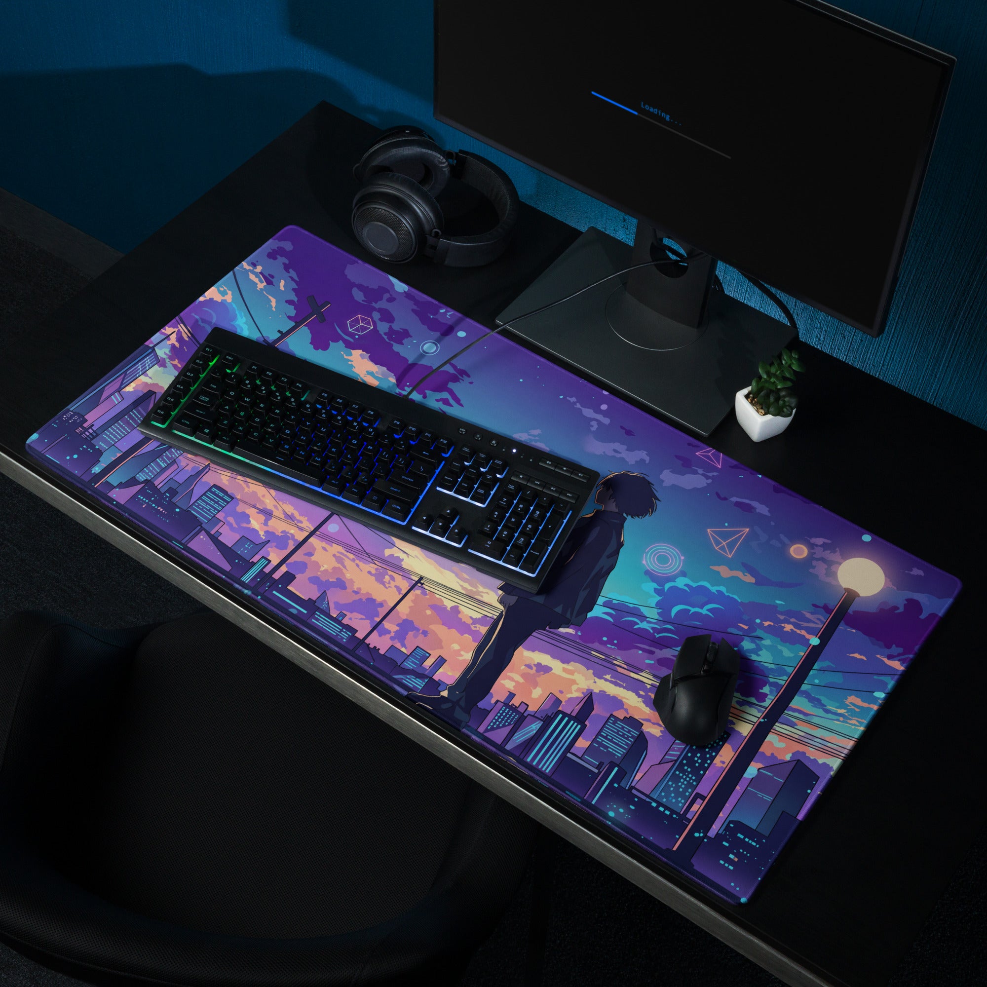 A vibrant purple and orange cyberpunk-themed vaporwave cityscape gaming mouse pad with anime silhouette design