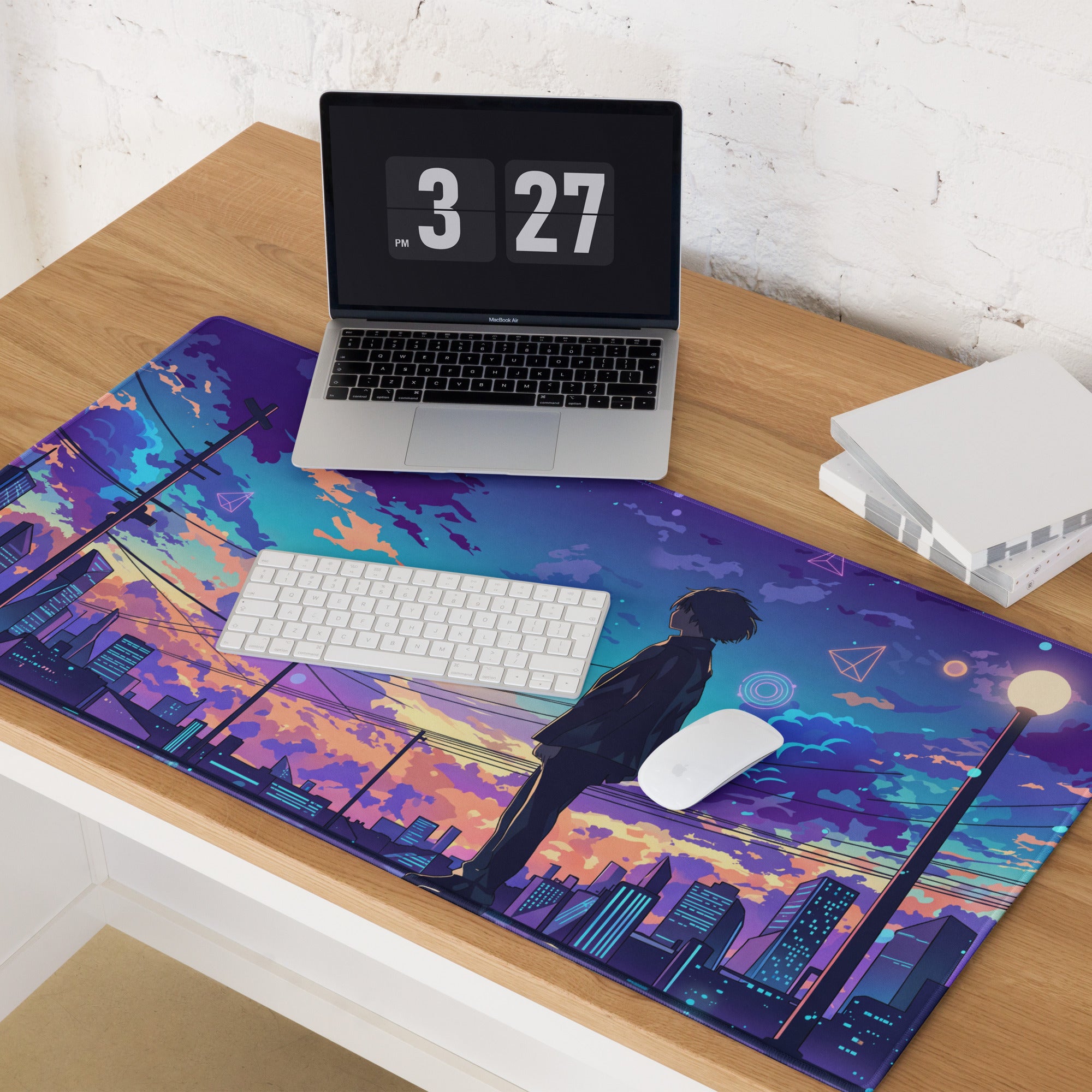 Vaporwave cityscape gaming mousepad featuring a silhouette against a purple blue orange dusk cityscape for anime gaming