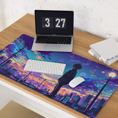 Vaporwave cityscape gaming mousepad featuring a silhouette against a purple blue orange dusk cityscape for anime gaming