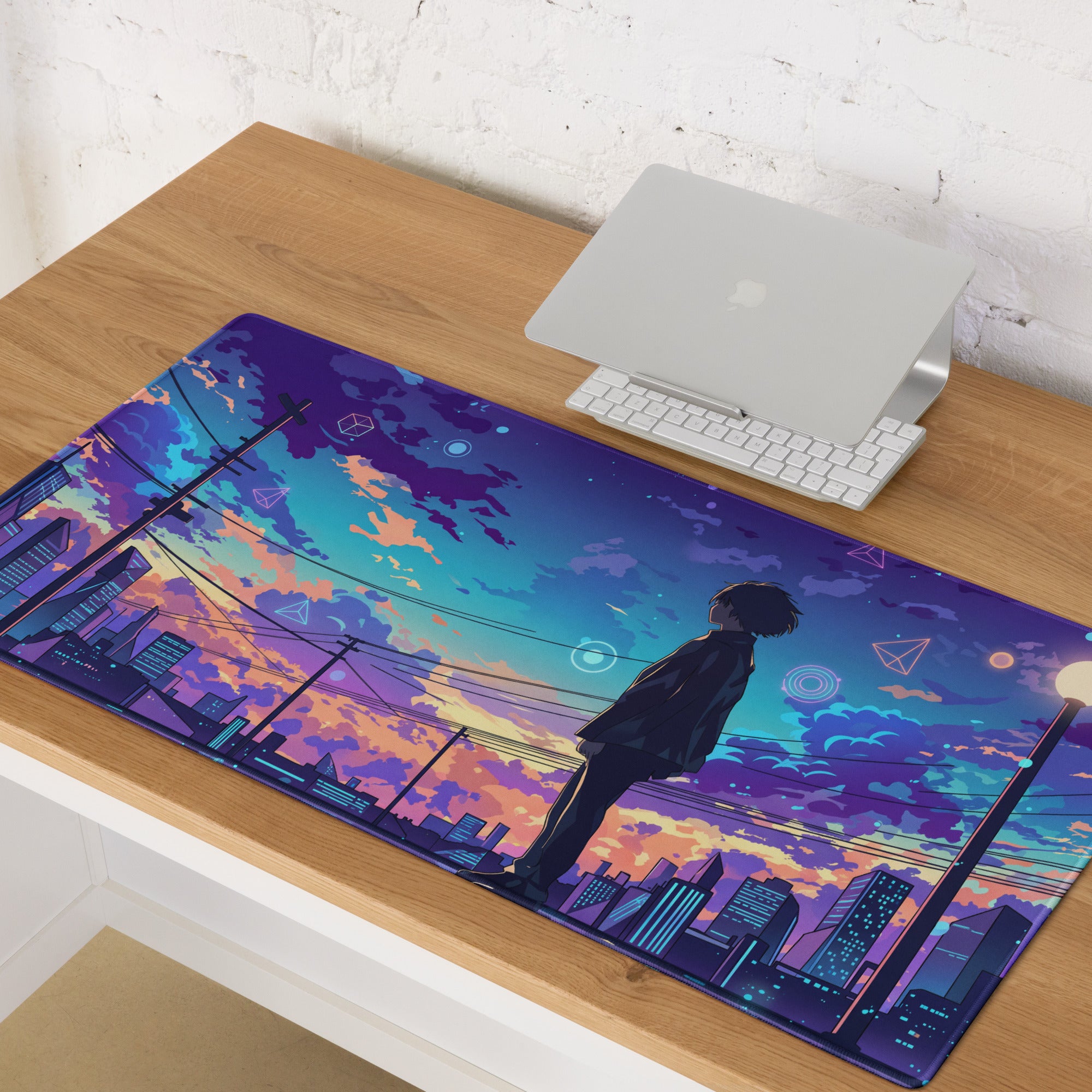 Vaporwave cityscape gaming mouse pad with navy blue purple gradient anime style silhouette on wires at twilight sky