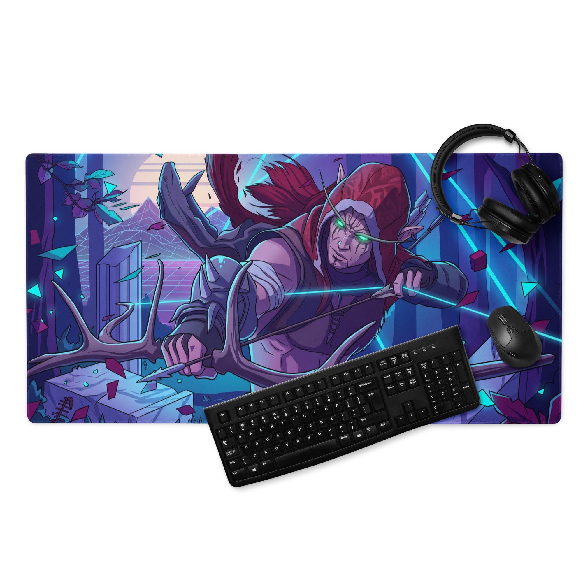 A vibrant purple and blue vaporwave neon dragon gaming mousepad featuring an elf archer with glowing green eyes