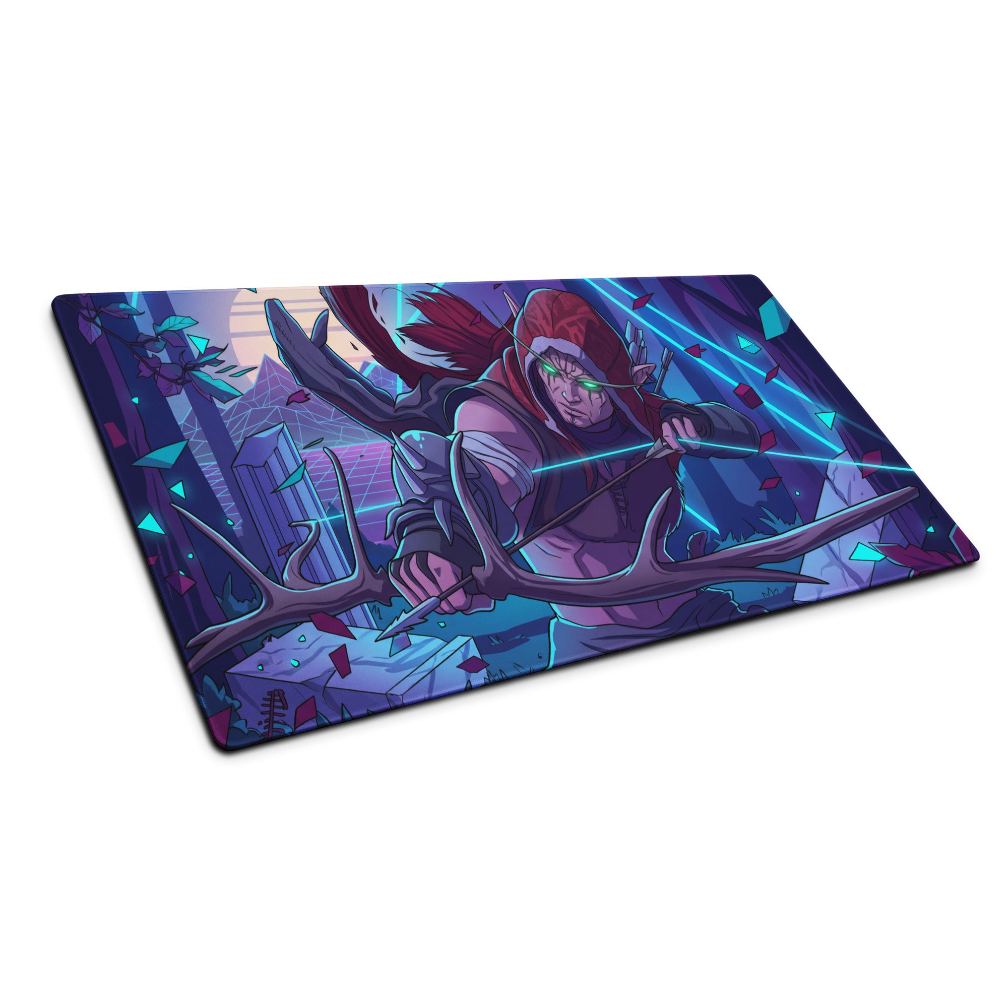 Vibrant purple and teal vaporwave neon dragon mouse pad featuring a fantasy archer character for gaming desks