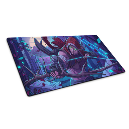 Vibrant purple and teal vaporwave neon dragon mouse pad featuring a fantasy archer character for gaming desks
