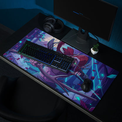 Vibrant purple and teal vaporwave neon dragon gaming mouse pad with dynamic anime character and shattered crystal background