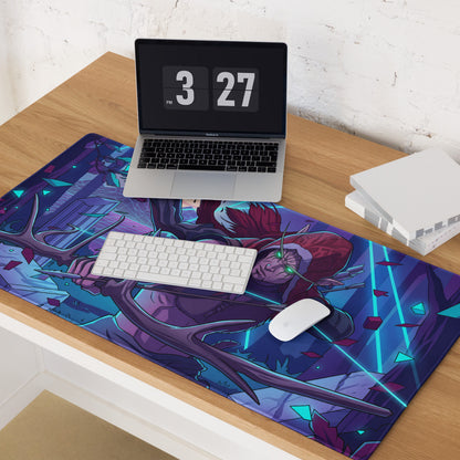Purple and blue vaporwave neon dragon anime gaming mousepad with fantasy character glowing green eyes antlers and sword