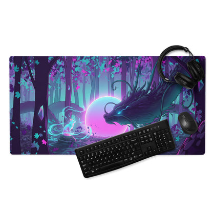 Vibrant purple and teal fantasy forest gaming mousepad with glowing dragon and mystical creature design for gamers
