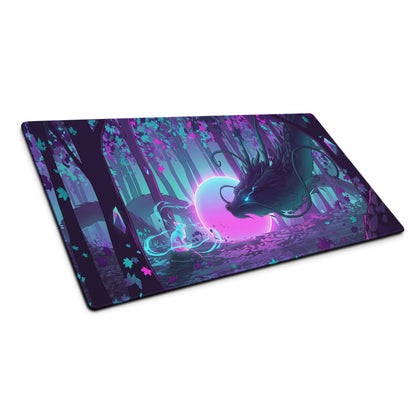 Vibrant neon purple and teal vaporwave dragon nightscape gaming mouse pad featuring a mystical dragon and glowing orb design