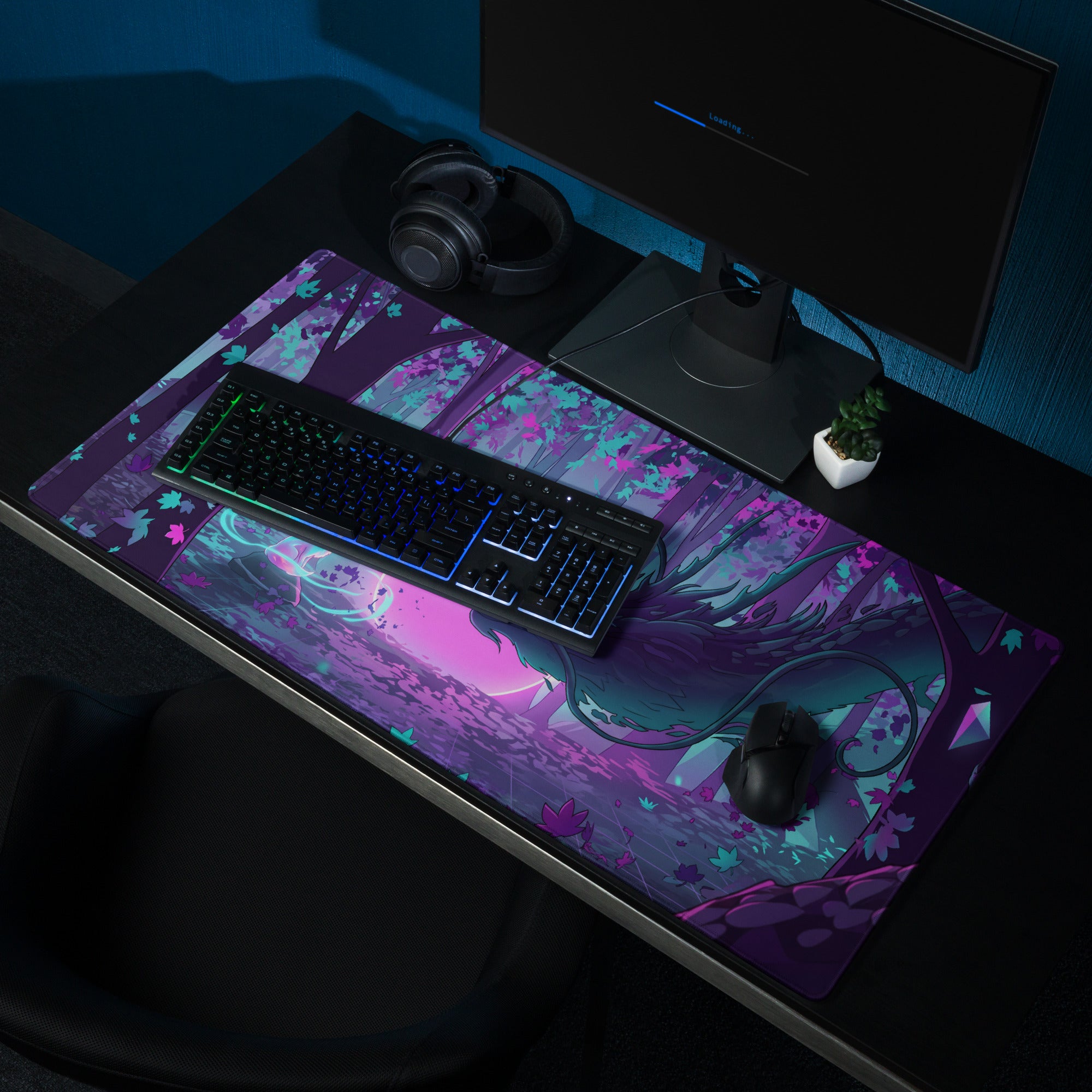 Vaporwave dragon nightscape gaming mousepad with purple teal fantasy forest design and glossy surface for gamers