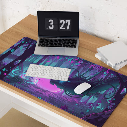 Purple teal vaporwave dragon nightscape mouse pad with glowing neon accents and fantasy forest design for gaming