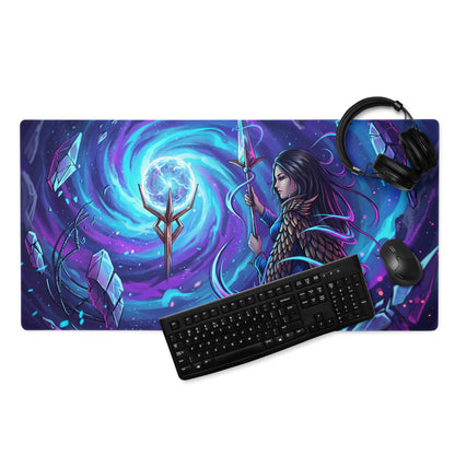 Vibrant purple and blue neon vaporwave gaming mousepad featuring a winged fantasy warrior with glowing crystals and energy